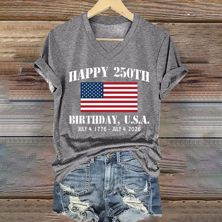 Happy USA 250th Birthday V-Neck Shirt Independence Day Clothes July 4th Gift