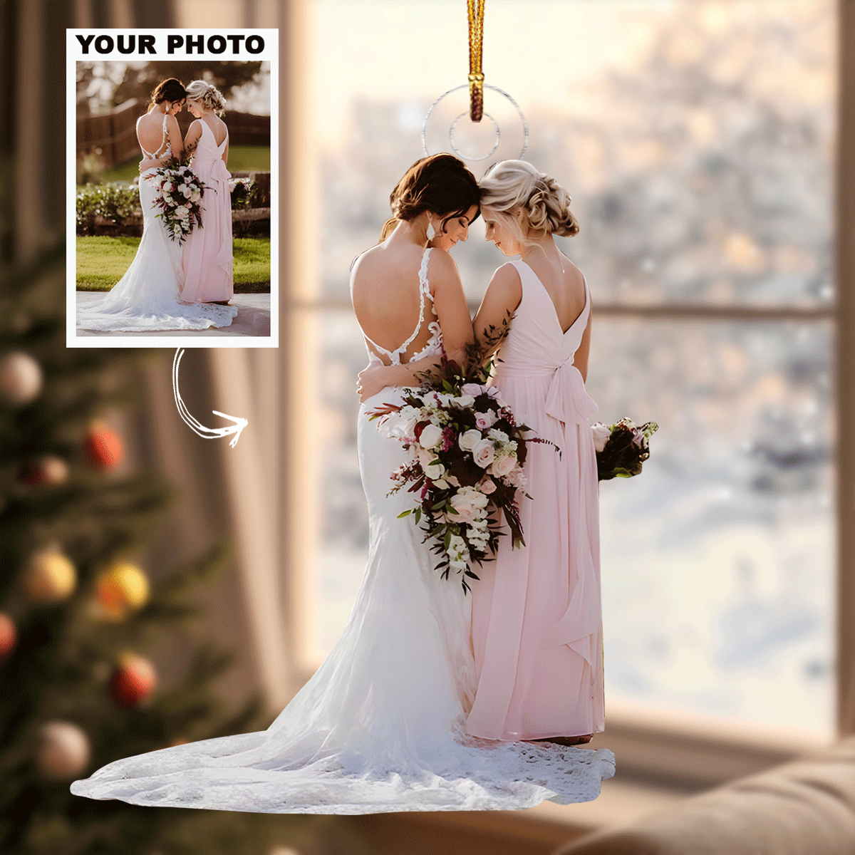 Happy Wedding Personalized Photo Mica Ornament Christmas Anniversary Gift For Couple