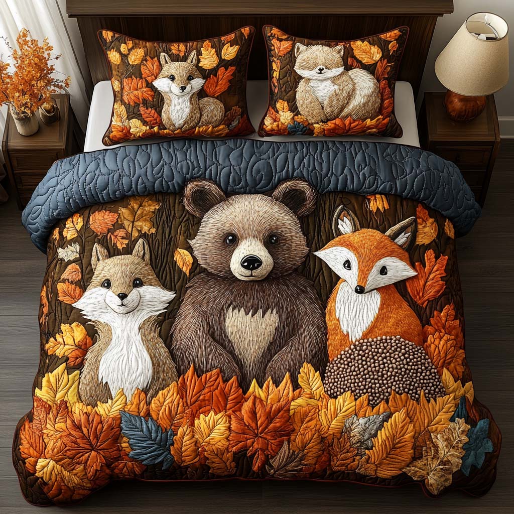 Happy Woodland Path Quilted Bedding Set Cozy Bedroom Decor Cute Fall Gift Ideas