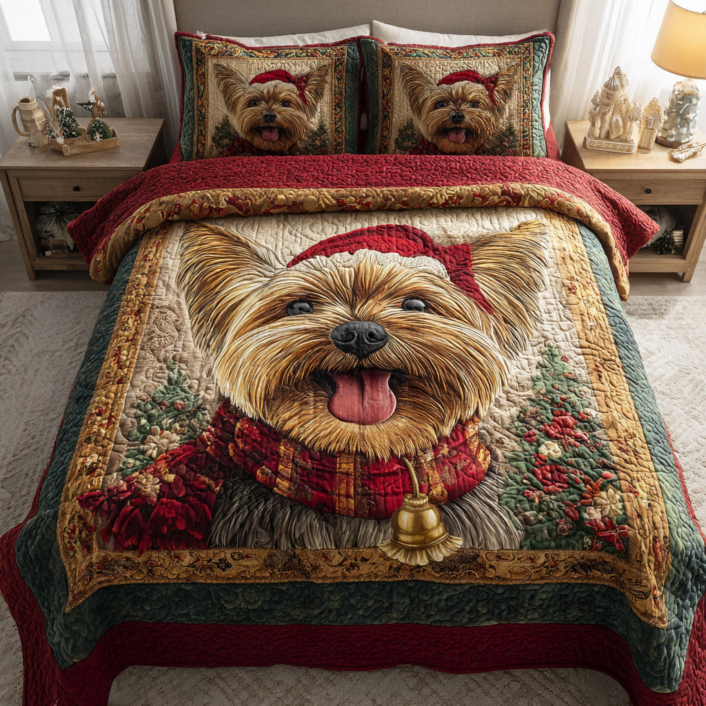Happy Yorkshire Terrier Quilted Bedding Set Christmas Bedding Duvet Cover Yorkshire Terrier Themed Gifts