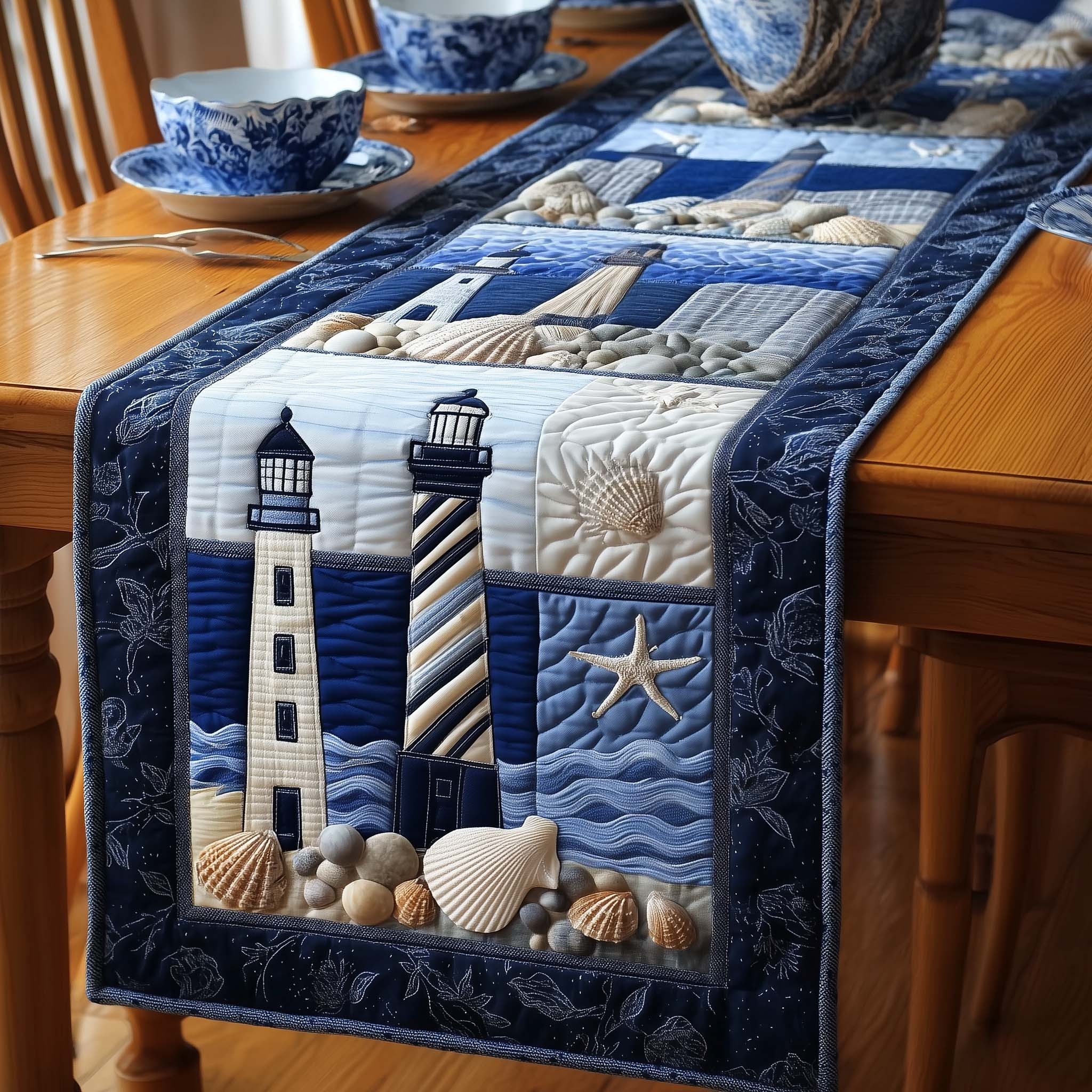 Harbor Breeze Quilted Table Runner Rustic Kitchen Dining Decor Gift For Cozy Family Home