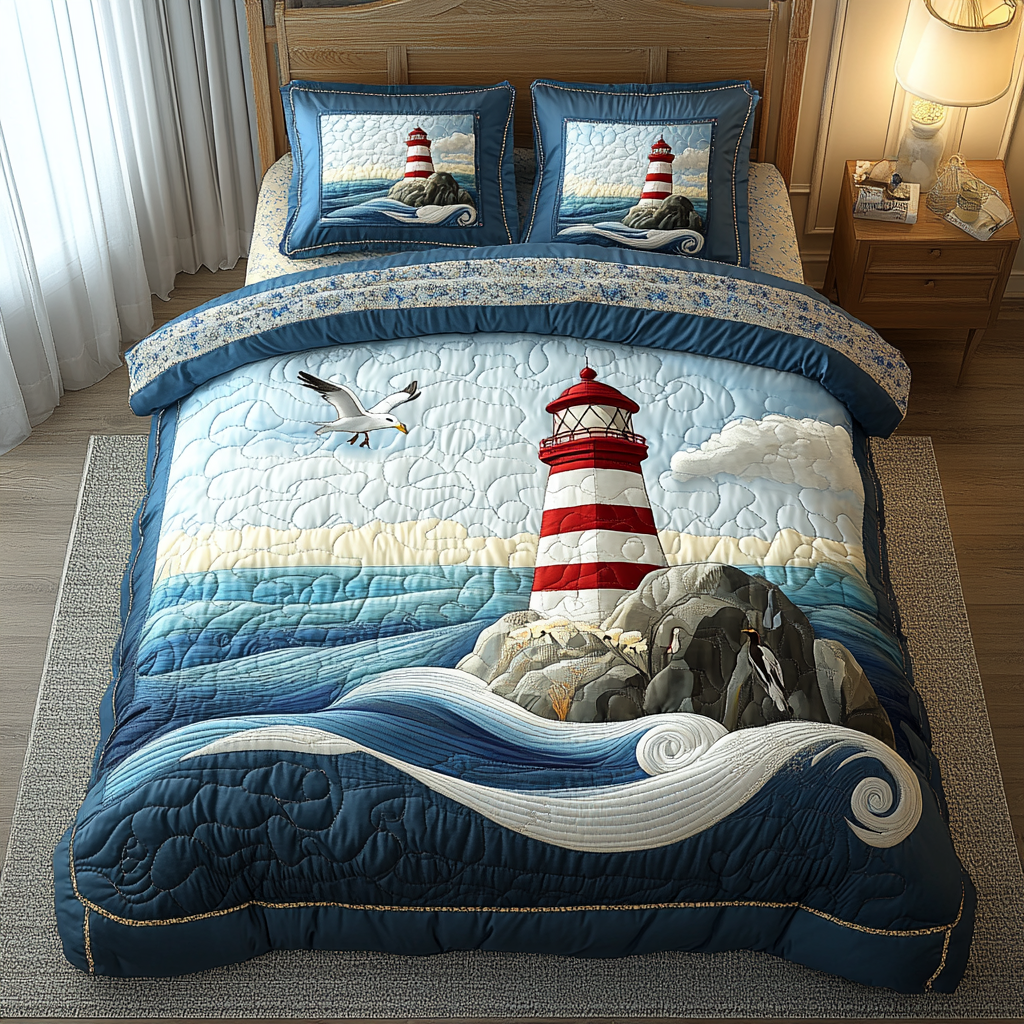 Harbor View Quilted Bedding Set Cute Room Decor Lighthouse Gifts For Mom