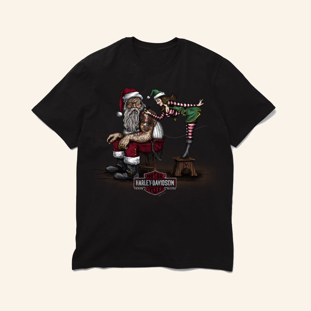Harley Davidson Merch Santa Getting Inked T-Shirt Christmas Gifts For Boyfriend Harley Davidson Merch Santa Getting Inked T-Shirt Christmas Gifts For Boyfriend