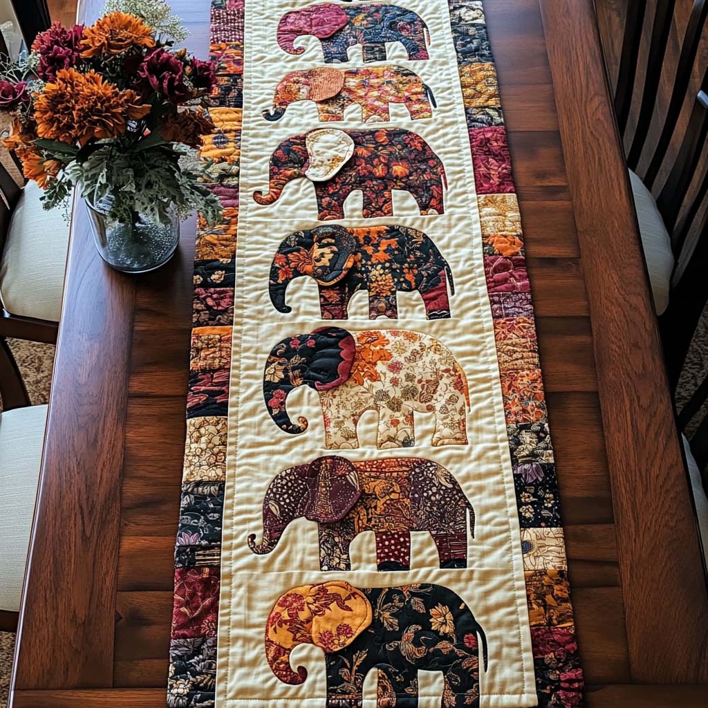Harmony Herd Quilted Table Runner Dining Decor Christmas Gift Ideas For Elephant Lovers