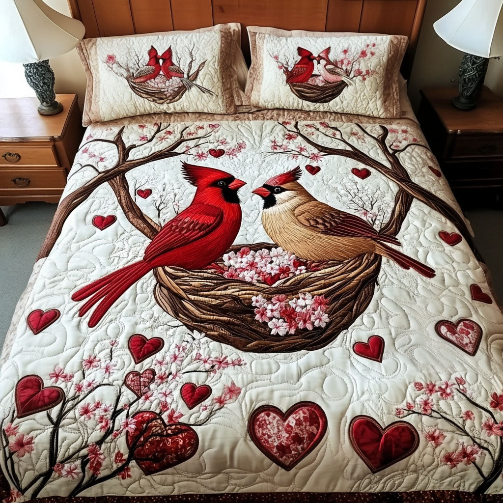 Harmony In Red Quilted Bedding Set Queen Size Comforter Valentine's Gift For Dad