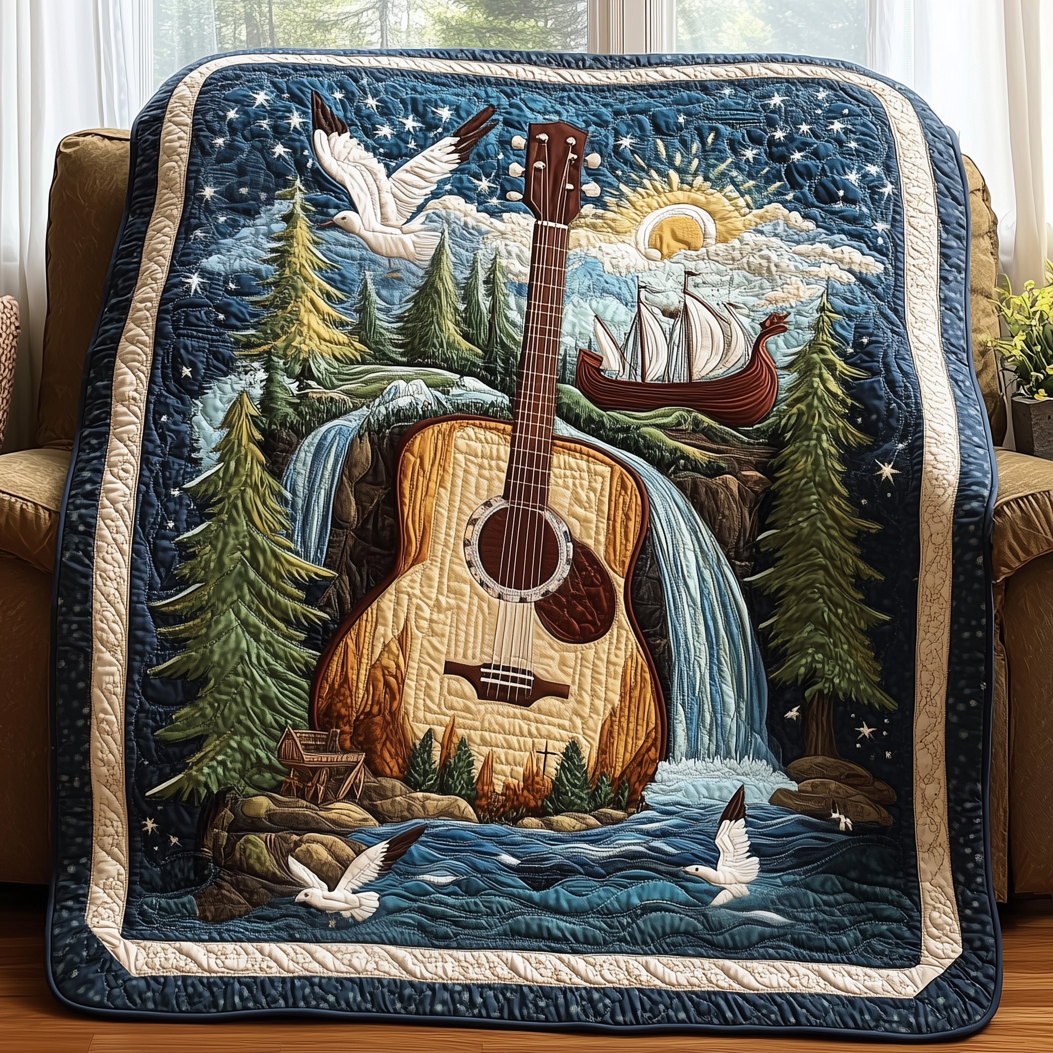Harmony on the Waves Quilted Blanket Cute Soft BlanketXmas Gifts For Guitar Players