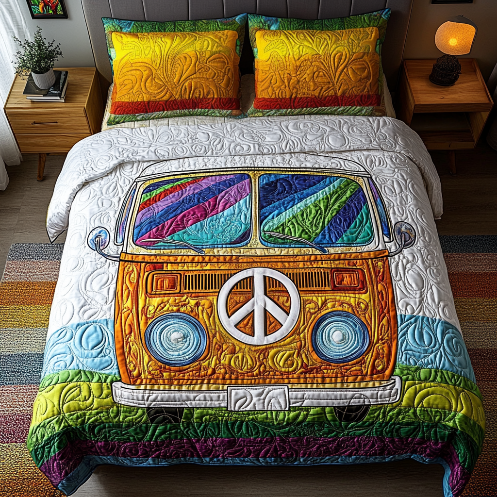Harmony Van Quilted Bedding Set Cute Room Decor Birthday Gift For Hippie Friend