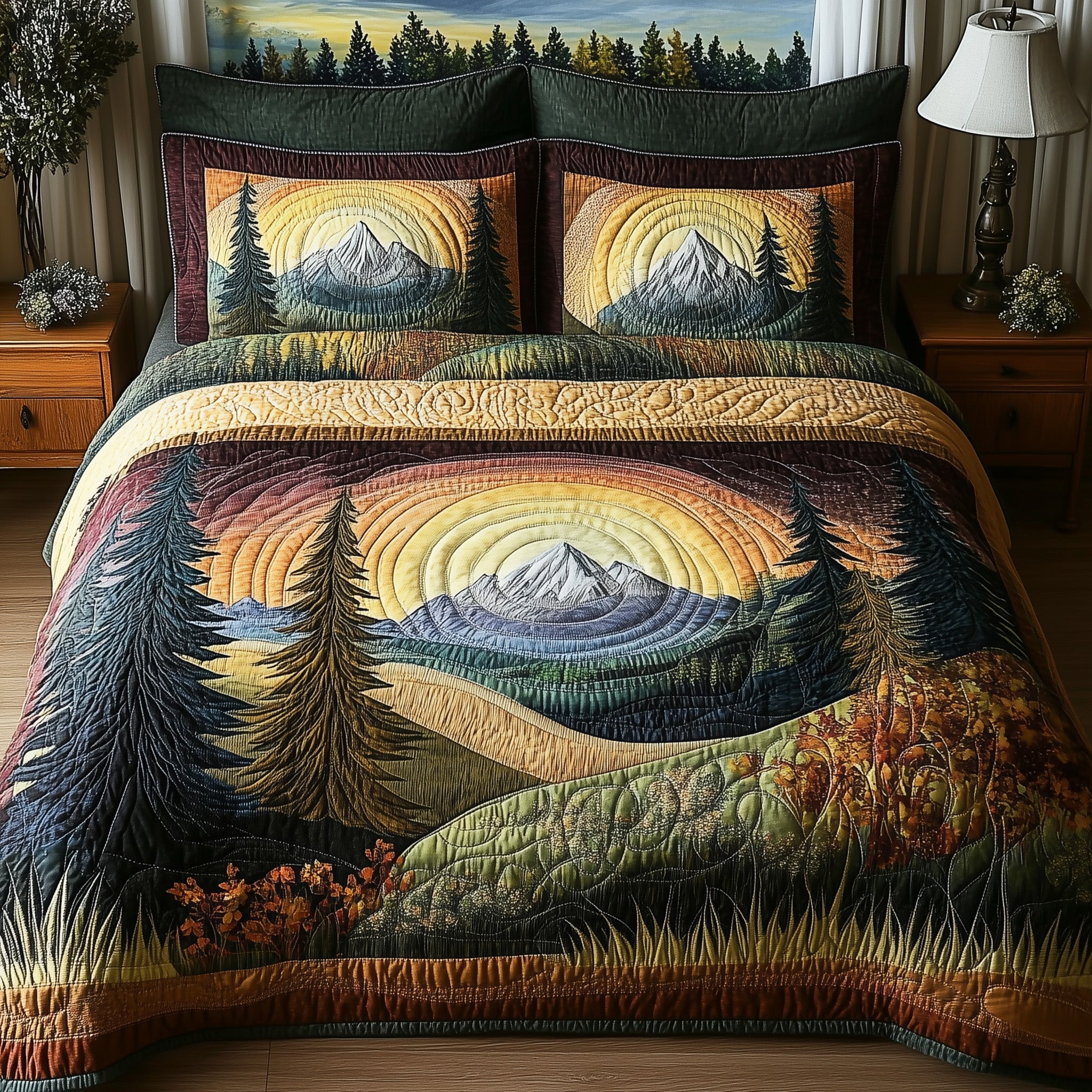 Harmony Vibe Quilted Bedding Set Nature Joy Illustration Sunset Scene Bedding Gifts