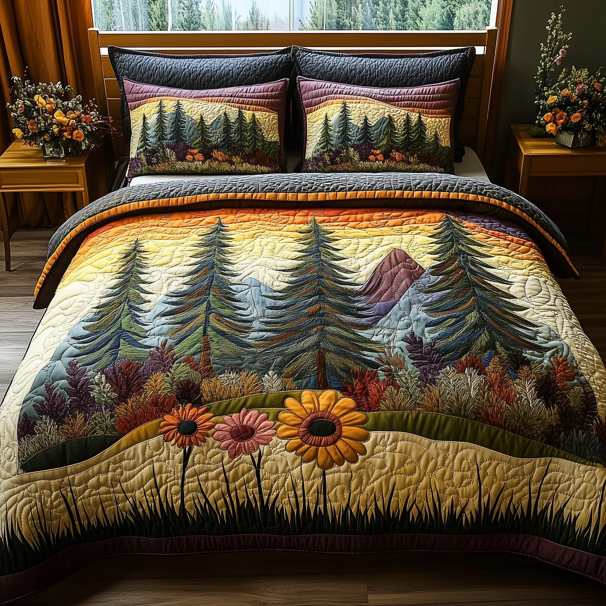 Harmony Vibe Quilted Bedding Set Nature Joy Illustration Sunset Themed Bedding Presents