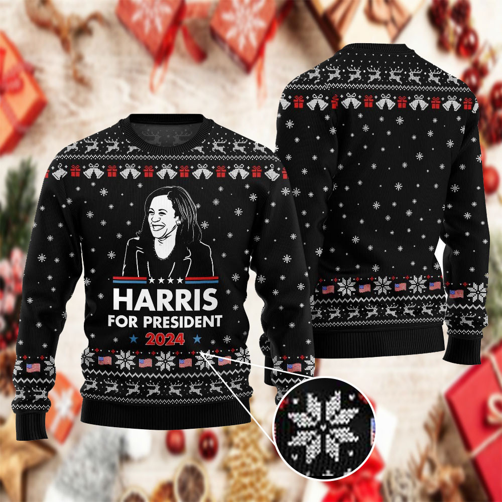 Harris For President 2024 Christmas Ugly Sweater Vote Blue Patriotic Sweater Gifts For Xmas