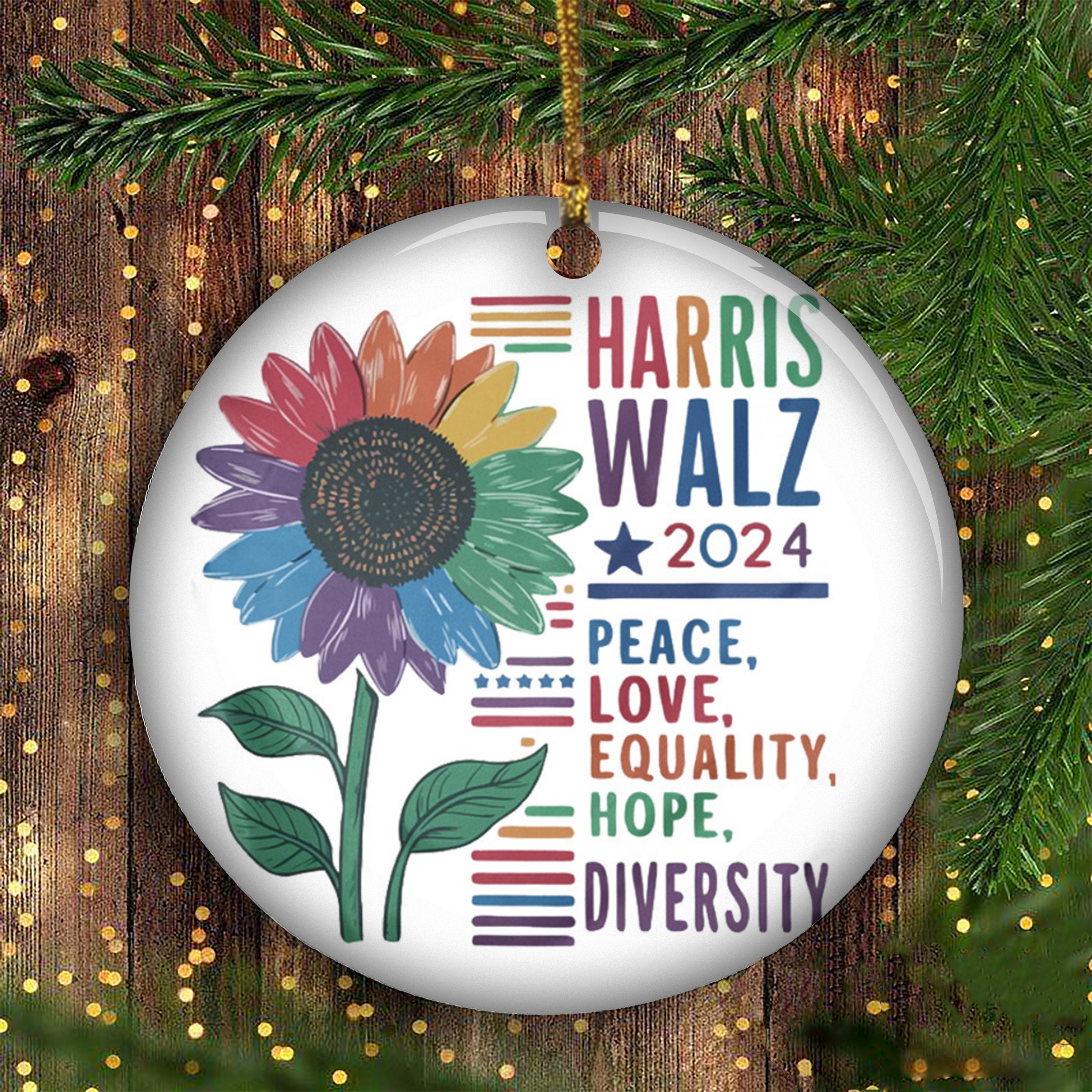 Harris Walz 2024 Peace Love Equality Hope Diversity Ornament Sunflower Harris Walz Ornament