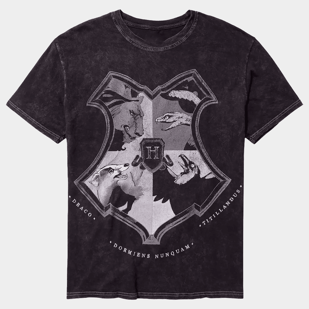 Harry Potter Merch Harry Potter Hogwarts Crest Monotone Dark Wash T-Shirt Gifts For Dudes