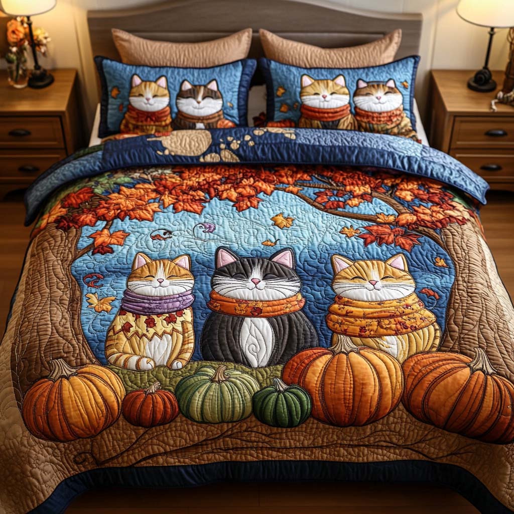 Harvest Cat Snuggle Quilted Bedding Set Autumn Themed Bed Sheets Good Gifts For Cat Lovers