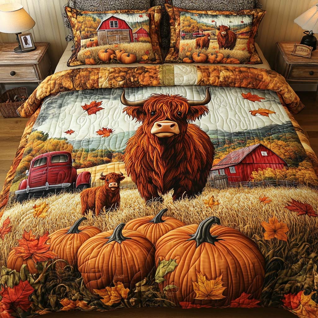 Harvest Charm Quilted Bedding Set Holiday Season Duvet Cover Set Highland Cattle Gifts