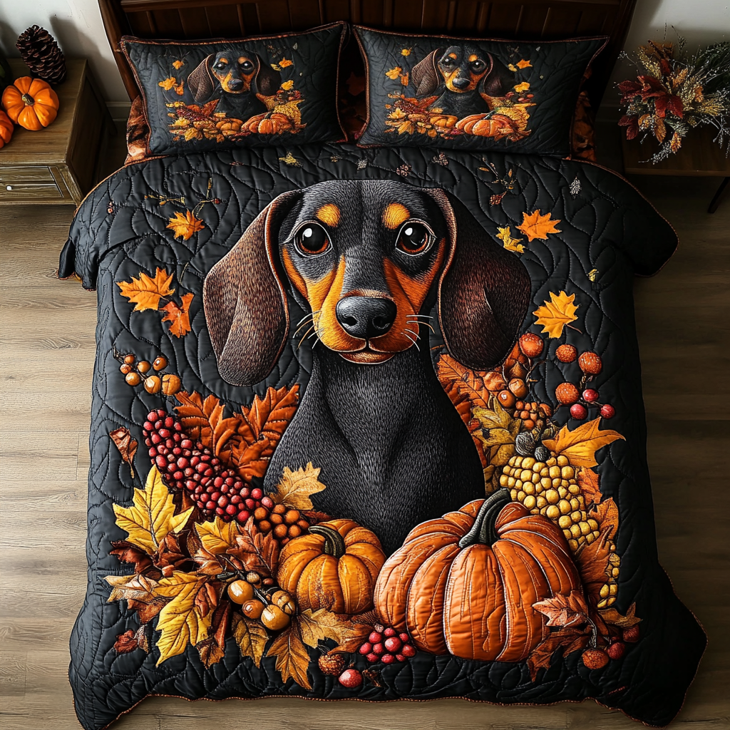 Harvest Dachshund Quilted Bedding Set Autumn Sheet Set Dachshund Gift Ideas