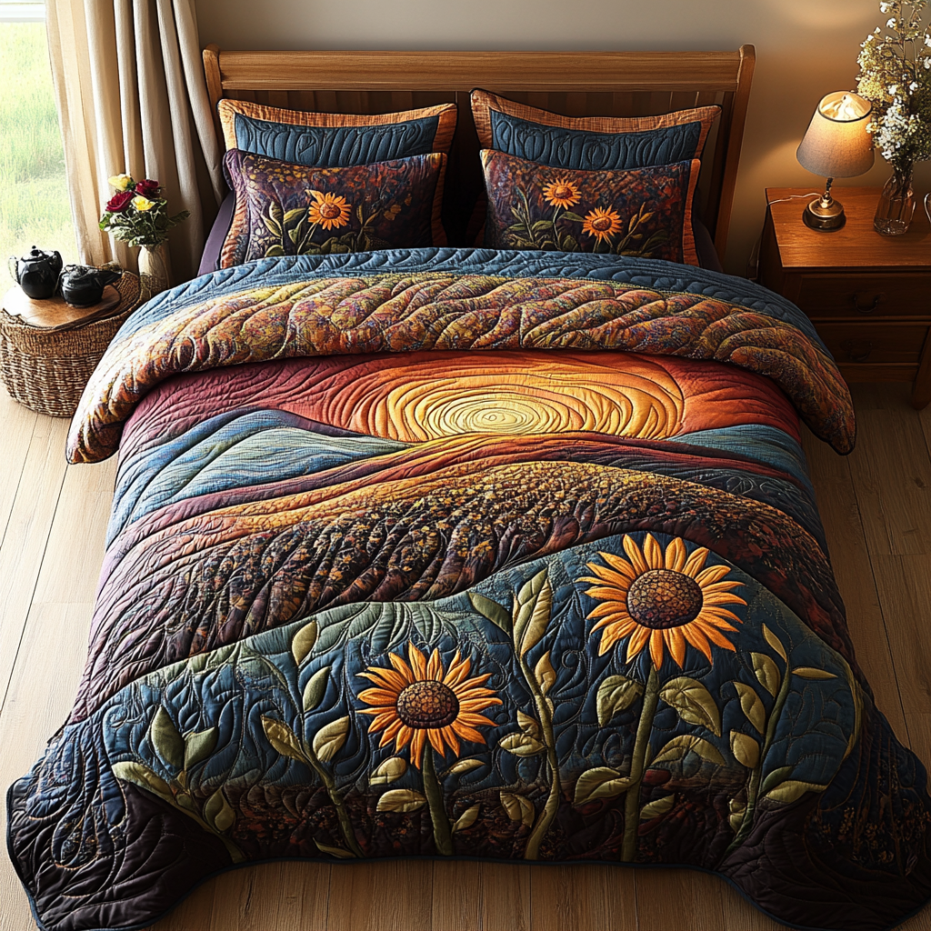 Harvest Dawn Quilted Bedding Set Best Bed Sheet Set Gifts For Sunflower Lovers