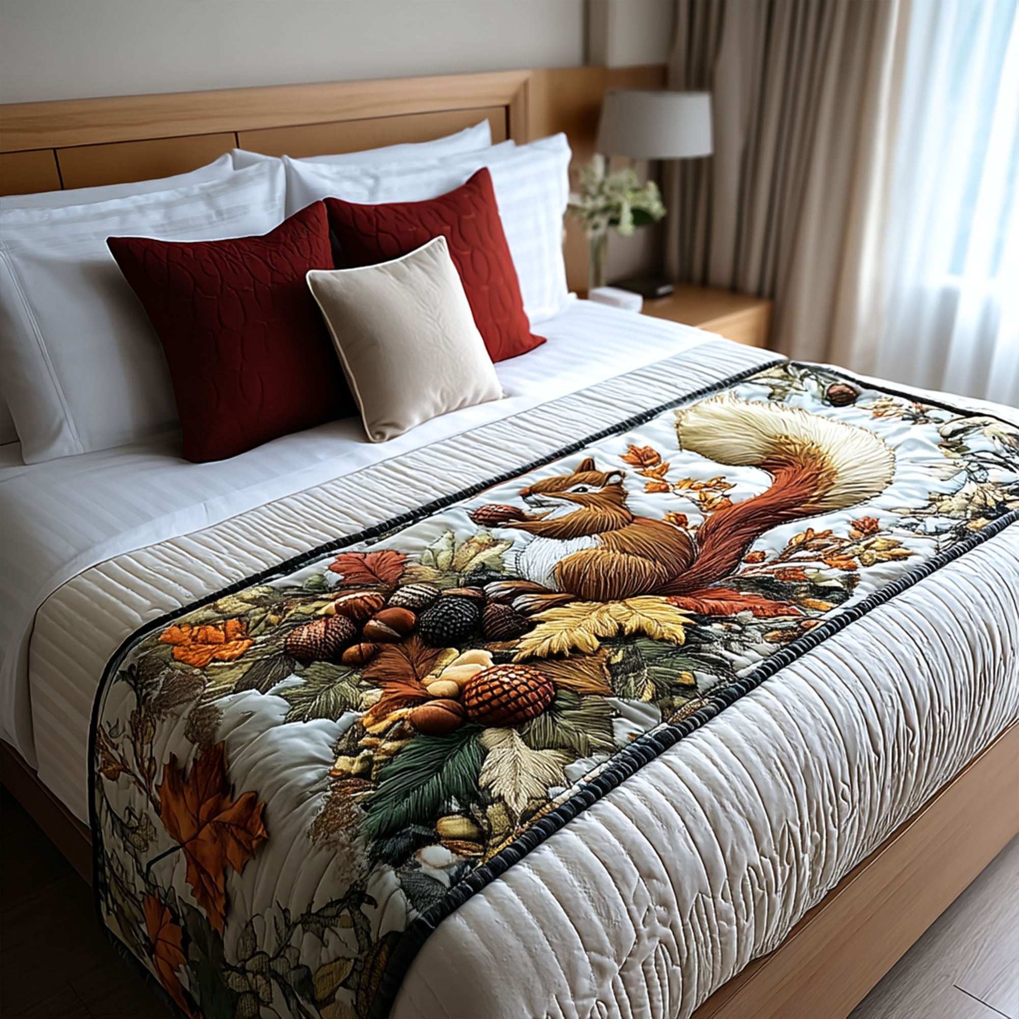 Harvest Day Squirrel Quilted Bed Runner Holiday Bedroom Ideas Great Family Gifts