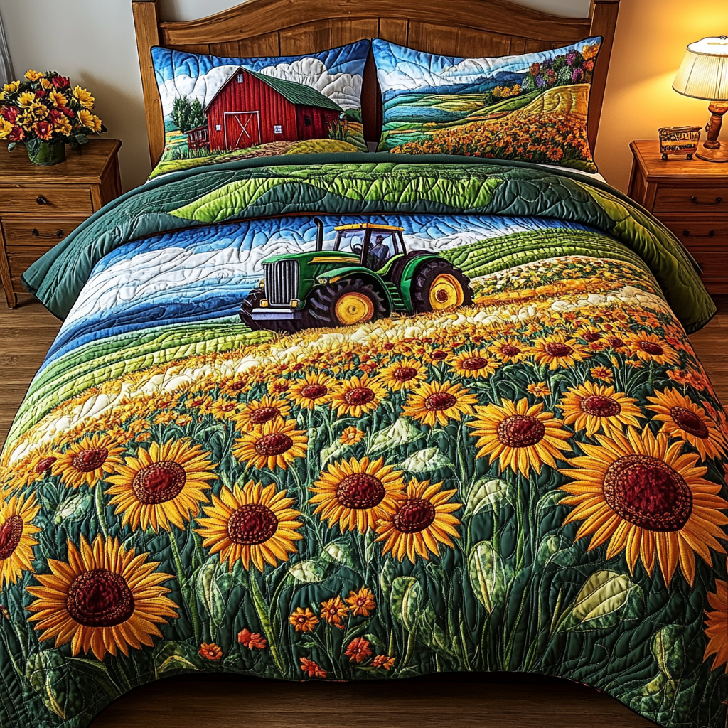 Harvest Dreams Quilted Bedding Set Aesthetic Room Decor Tractor Themed Gifts