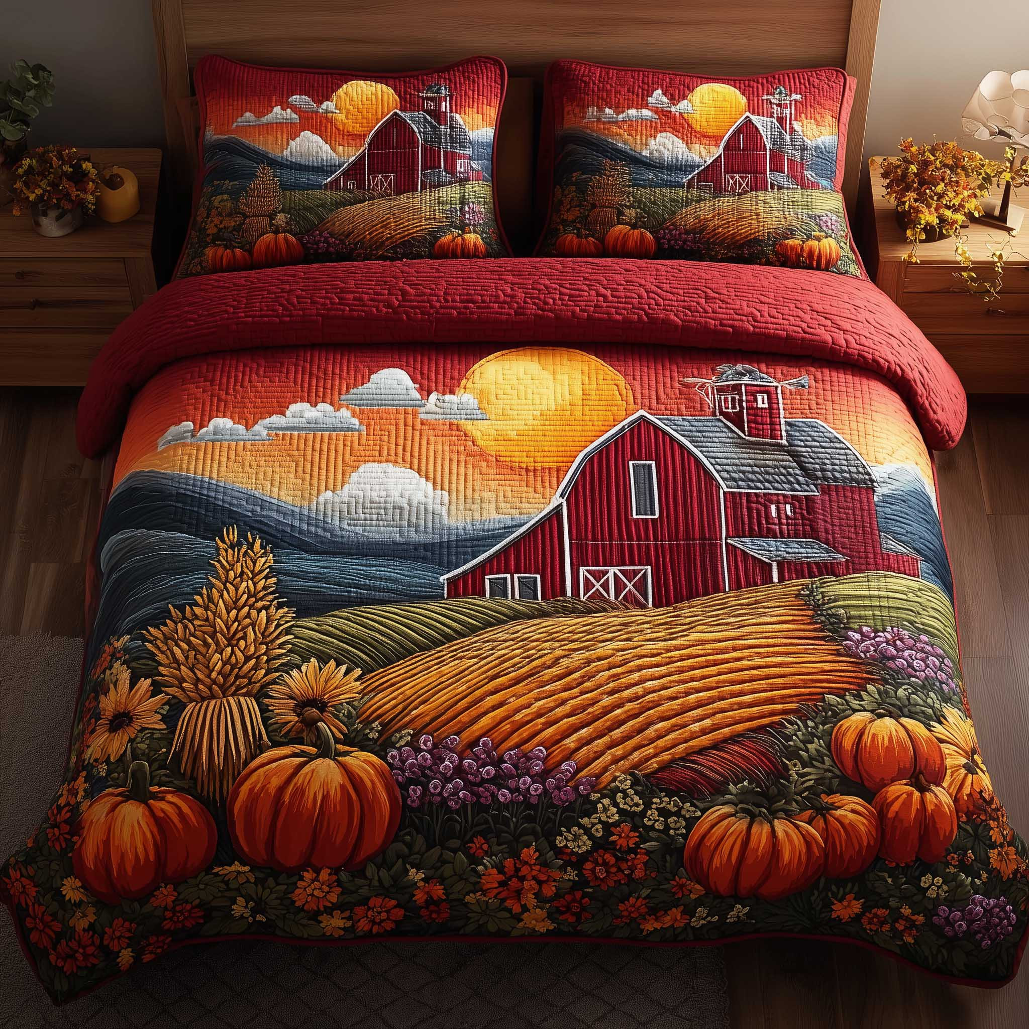 Harvest Farmhouse Quilted Bedding Set Bedroom Decor Christmas Present Ideas For Farmers