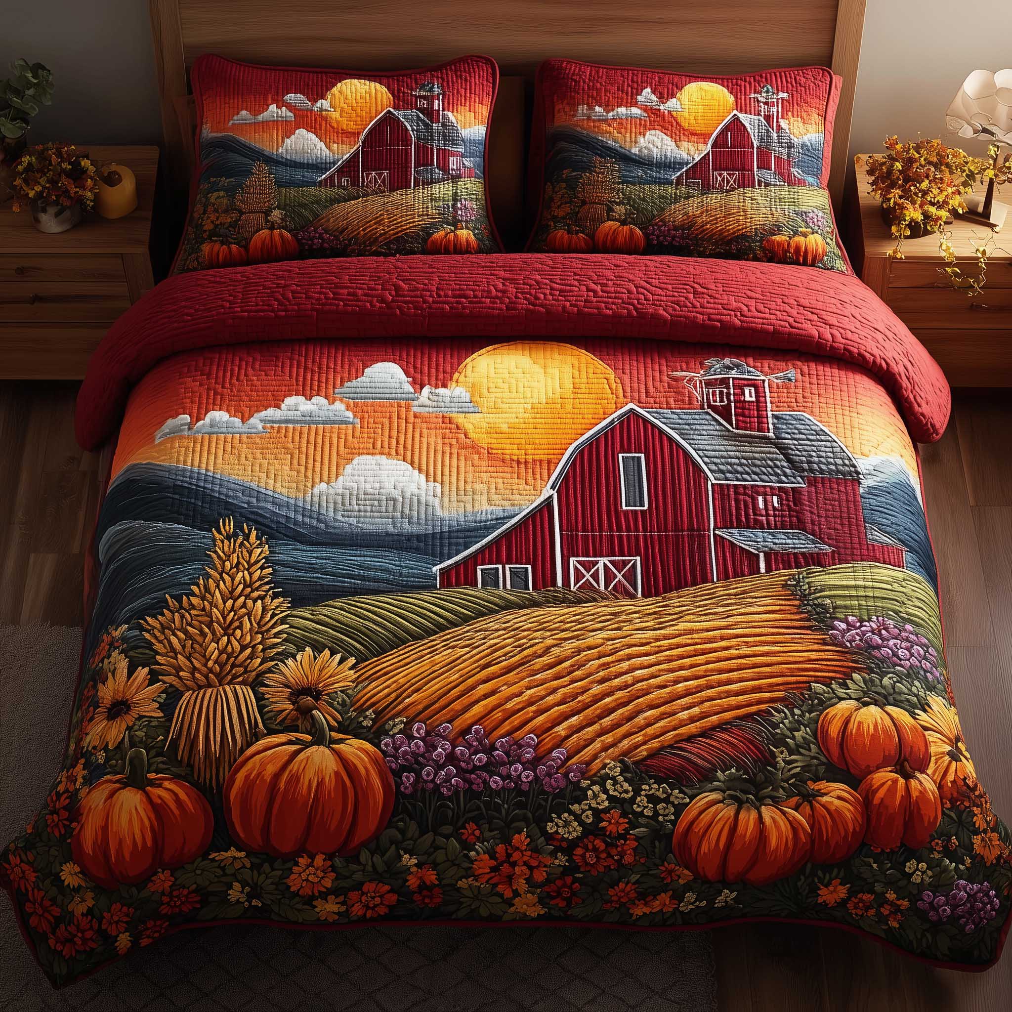 Harvest Farmhouse Quilted Bedding Set Striped Design