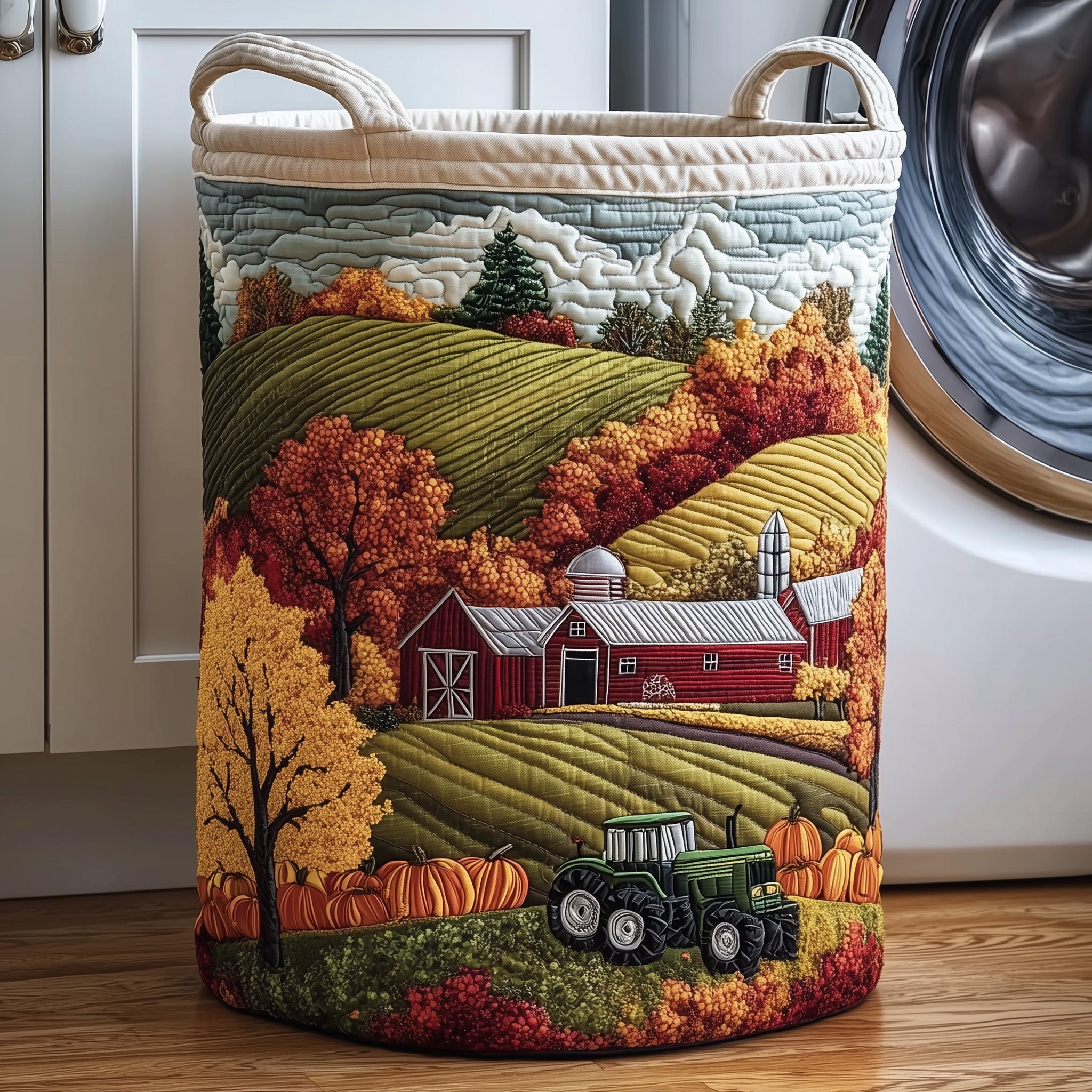 Harvest Farmhouse Quilted Laundry Basket Beautiful Scenery Fall Present For Autumn Lovers