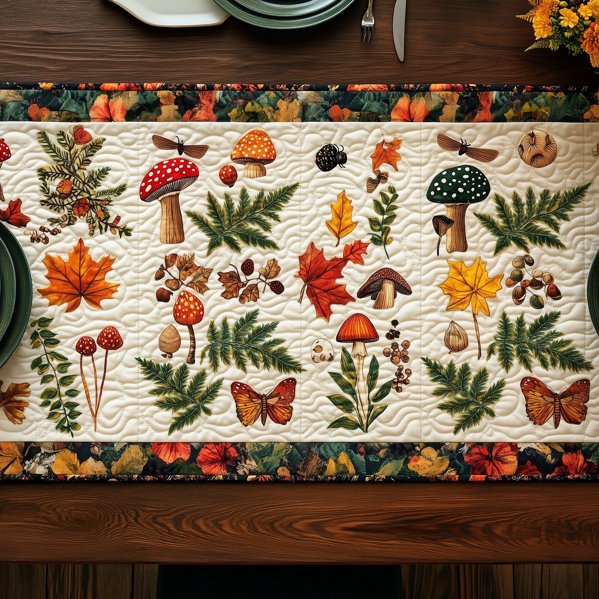 Harvest Forest Fantasy Quilted Table Runner Holiday Party Table Runner