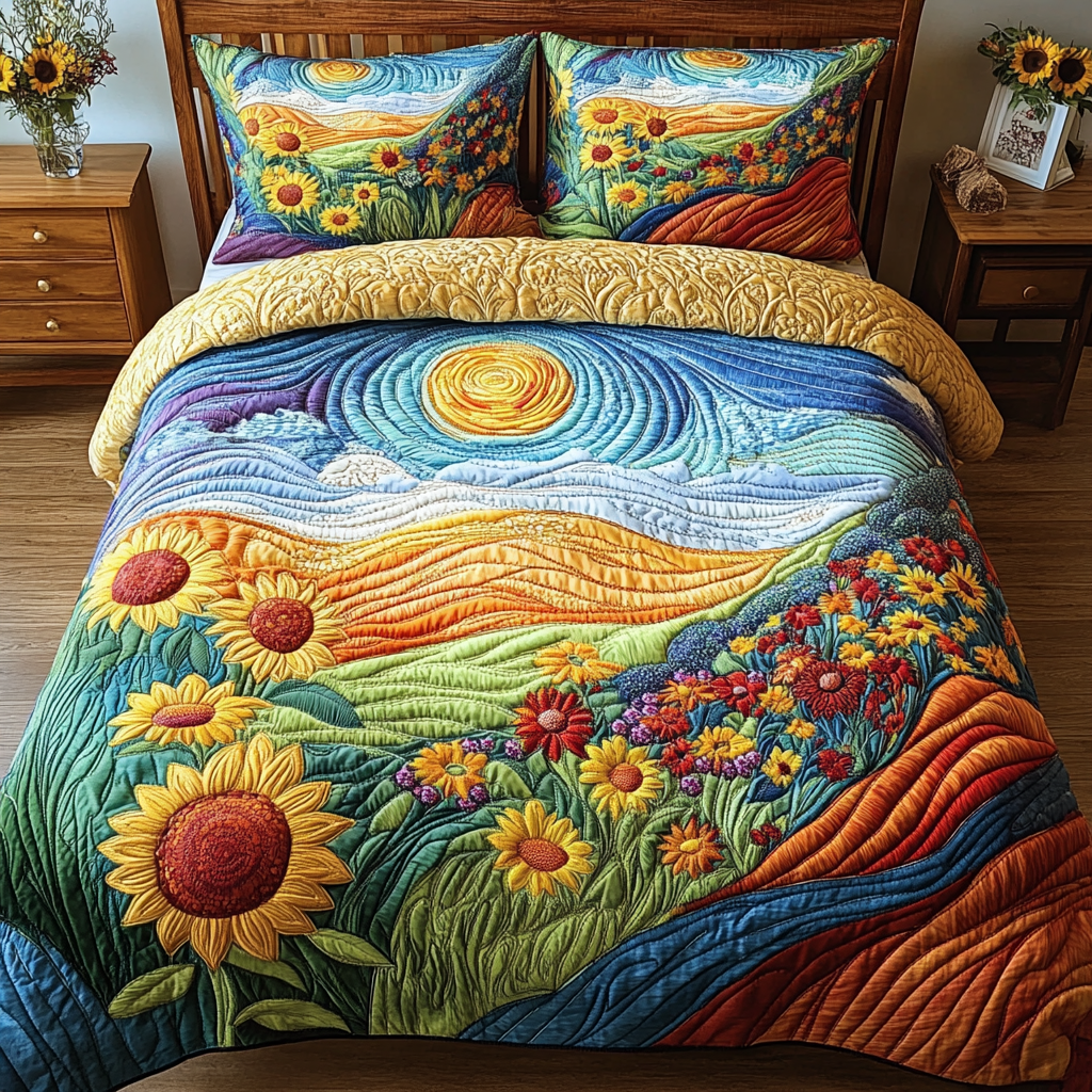 Harvest Glow Quilted Bedding Set Cozy Bedroom Decor Sunflower Items For Gifts