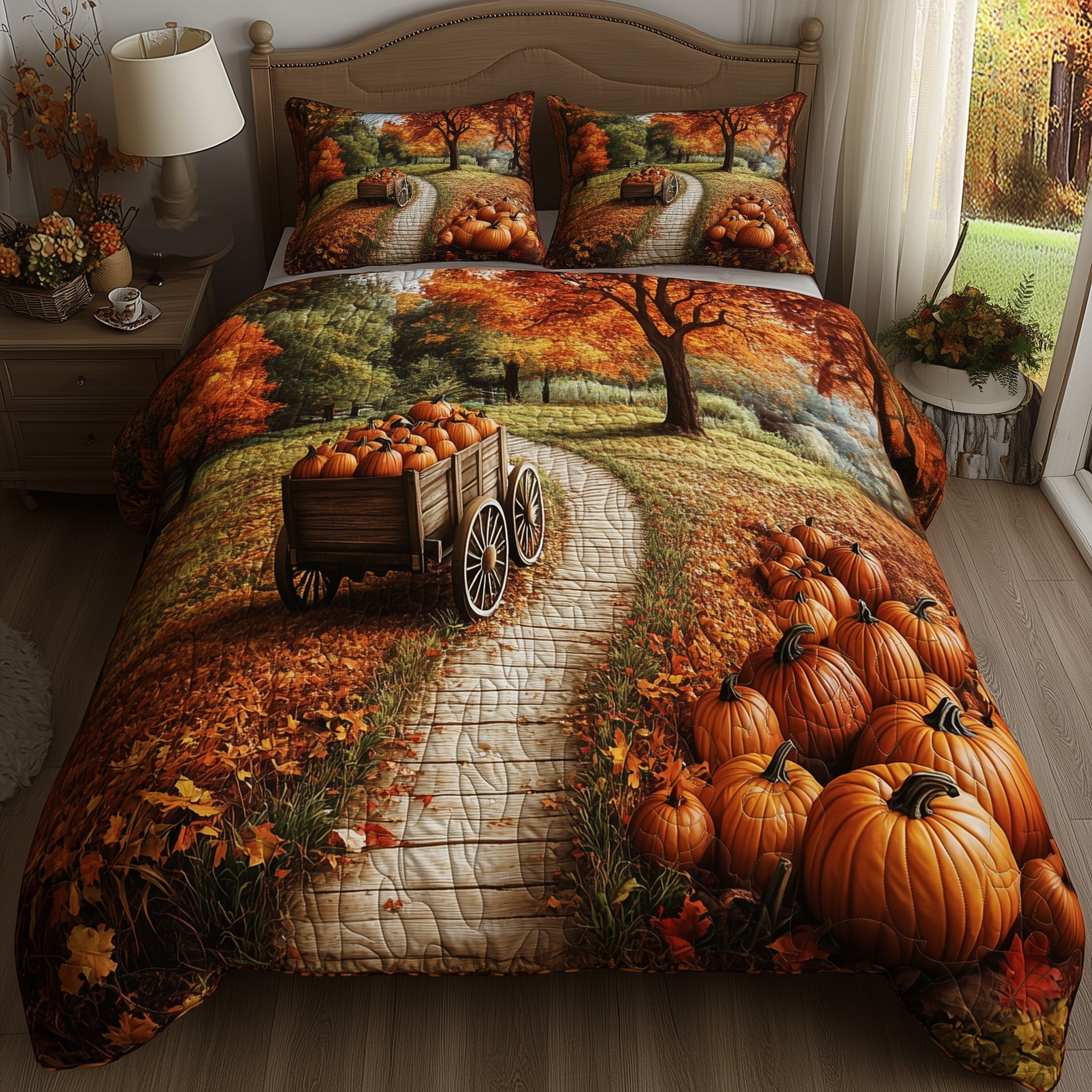 Harvest Glow Quilted Bedding Set Harvest Pumpkin Best Fall Scenery Bedding Gifts