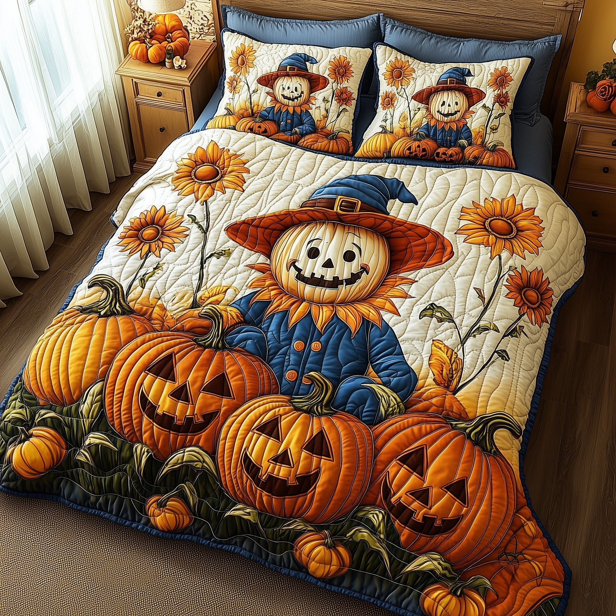 Harvest Glow Quilted Bedding Set Scarecrow With Pumpkin Best Fall Design Bedding Gifts