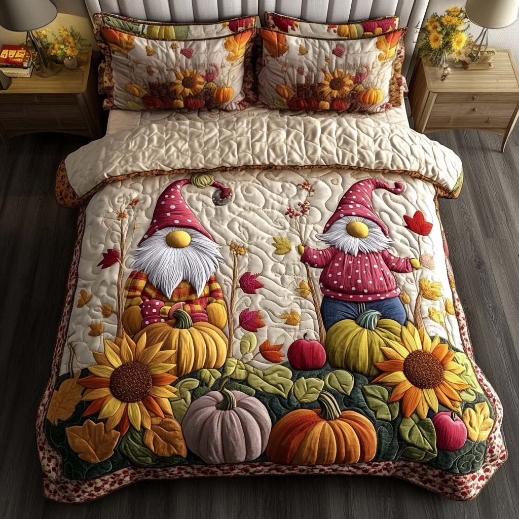 Harvest Gnome Blessing Quilted Bedding Set Cool Bedroom Decor Autumn Presents