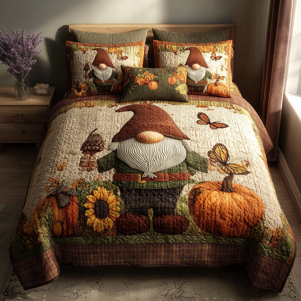 Harvest Gnome Parade Quilted Bedding Set Cool Bedroom Decor Cozy Fall Gift Ideas