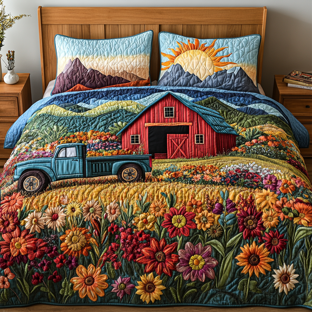 Harvest Haven Quilted Bedding Set Farmhouse Bed Decor Family Holiday Gifts