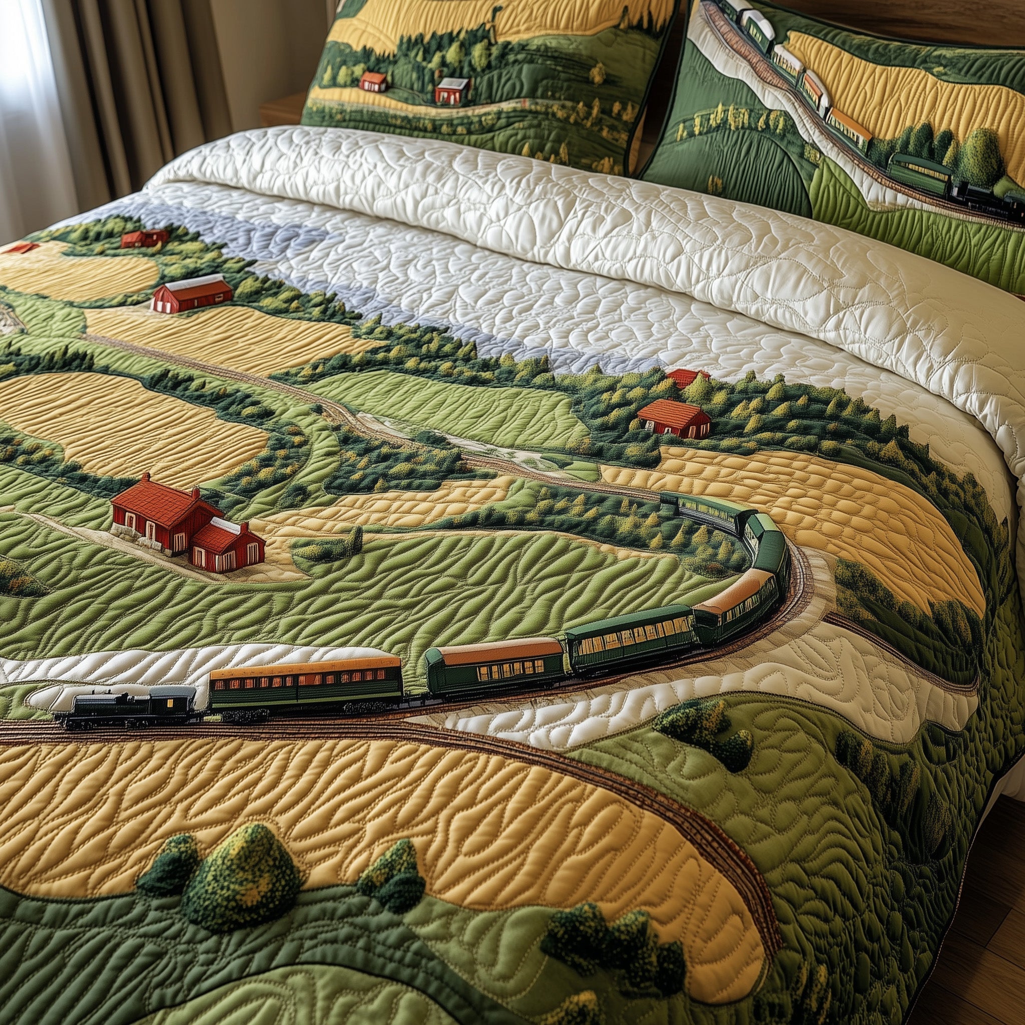 Harvest Line Dreams Quilted Bedding Set Duvet Cover Merchandise Presents For Train Lovers