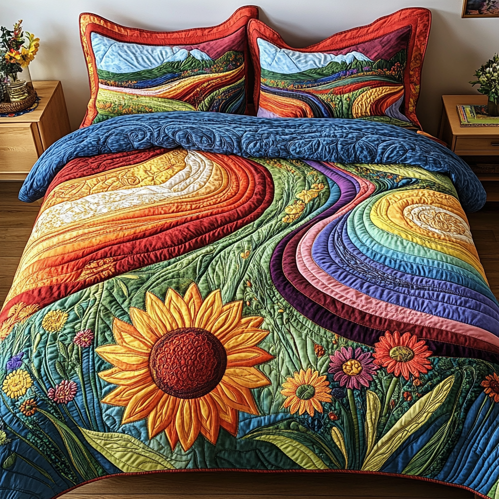 Harvest Magic Quilted Bedding Set Cute Bedroom Decor Sunflower Gifts For Friends