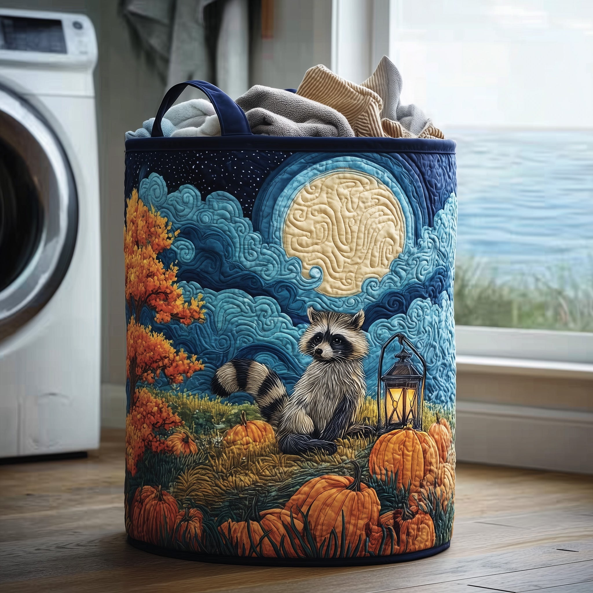 Harvest Moon Raccoon Quilted Laundry Basket Lovely Present For Raccoon Enthusiasts