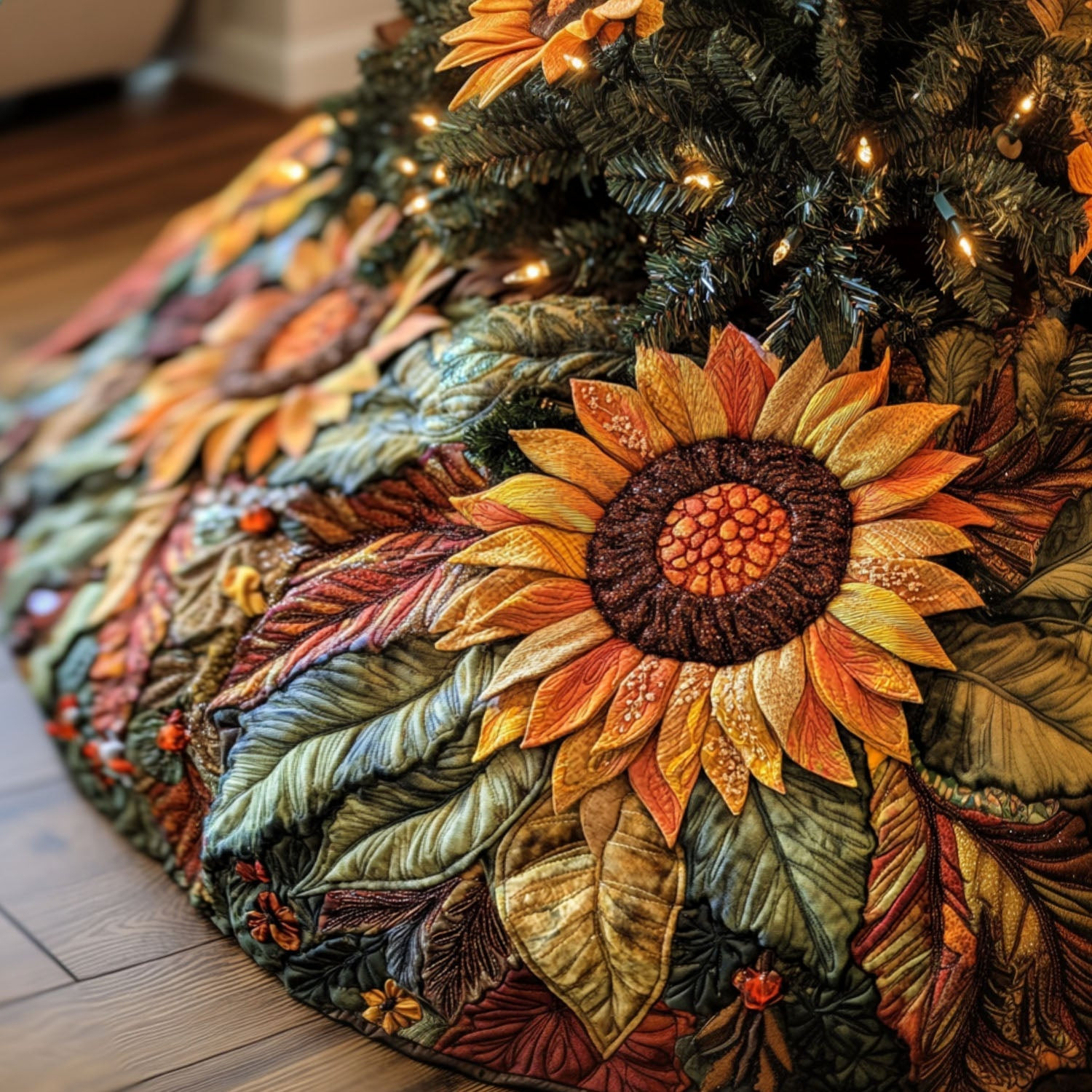 Harvest Radiance Quilted Christmas Tree Skirt Winter Home Decor Sunflower Lover Christmas Gifts