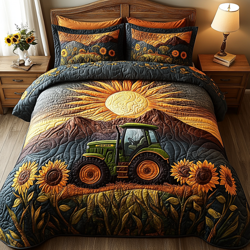 Harvest Ride Quilted Bedding Set Holiday Duvet Cover Set Best Gifts For Tractor Lovers