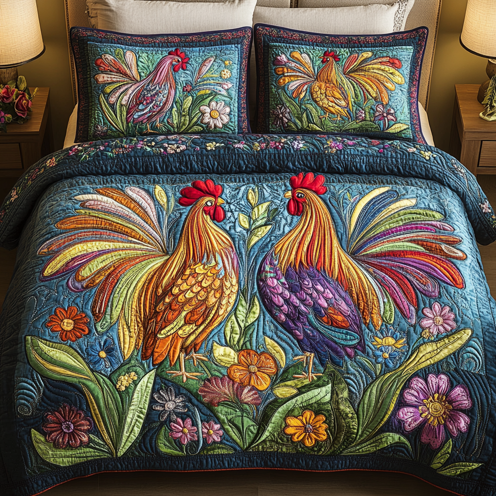 Harvest Roosters Quilted Bedding Set Stylish Bed Sheet Set for Modern Home