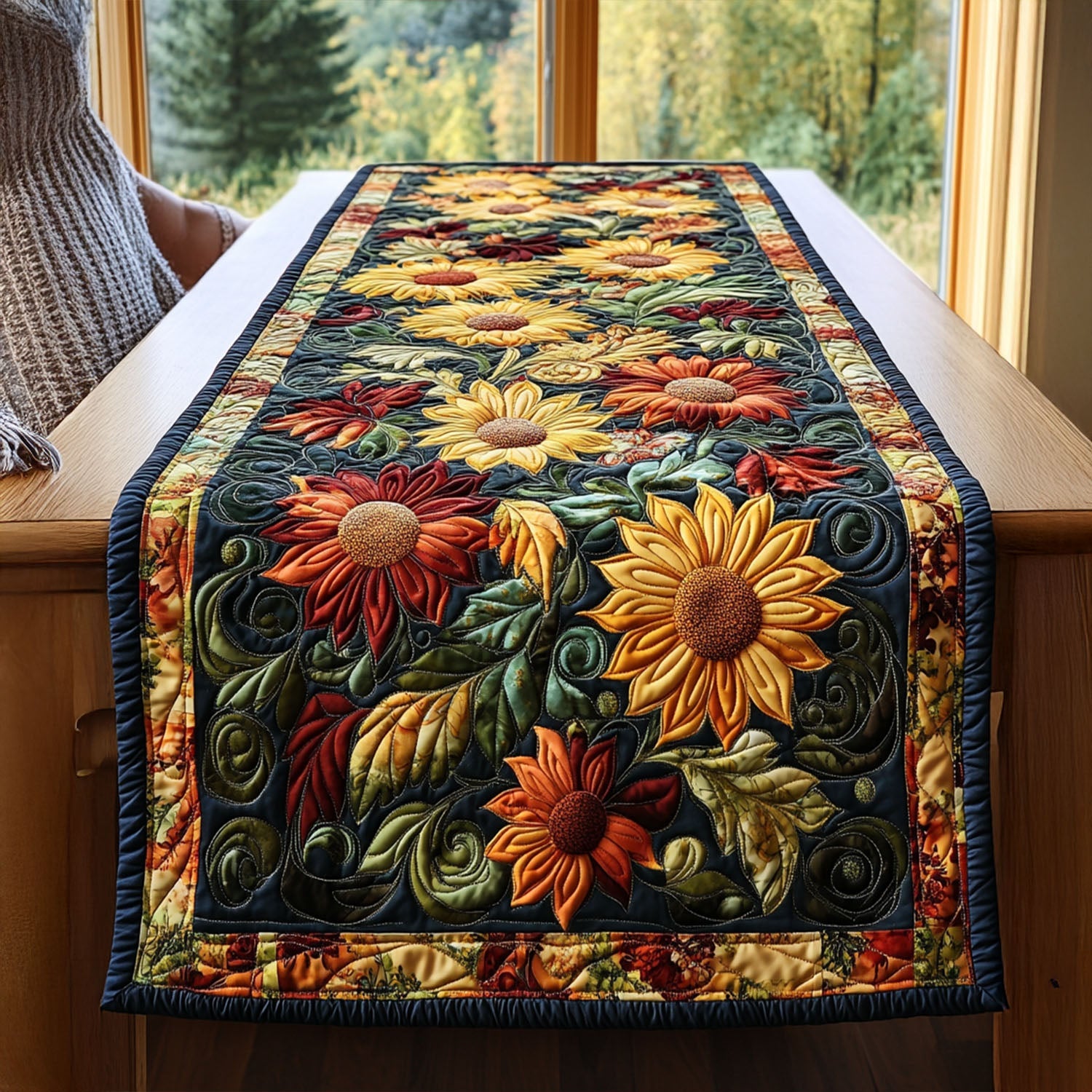 Harvest Sunburst Quilted Table Runner Floral Table Topper Dining Room Table Decor