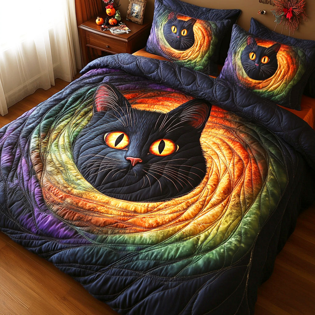 Haunted Cat Quilted Bedding Set Autumn Themed Bed Sheets Black Cat Mom Gifts