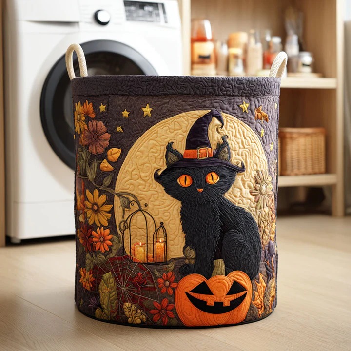 Haunted Cat Quilted Laundry Basket Black Cat Halloween Moon Boho Home Decor Gift For Cat Lovers