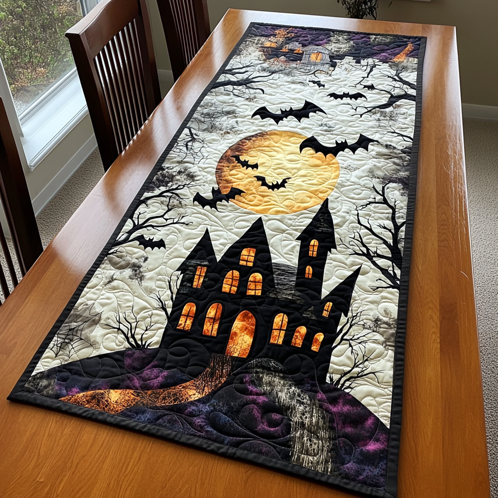 Haunted Glow Quilted Table Runner Spooky Runners Gothic Halloween Table Decor