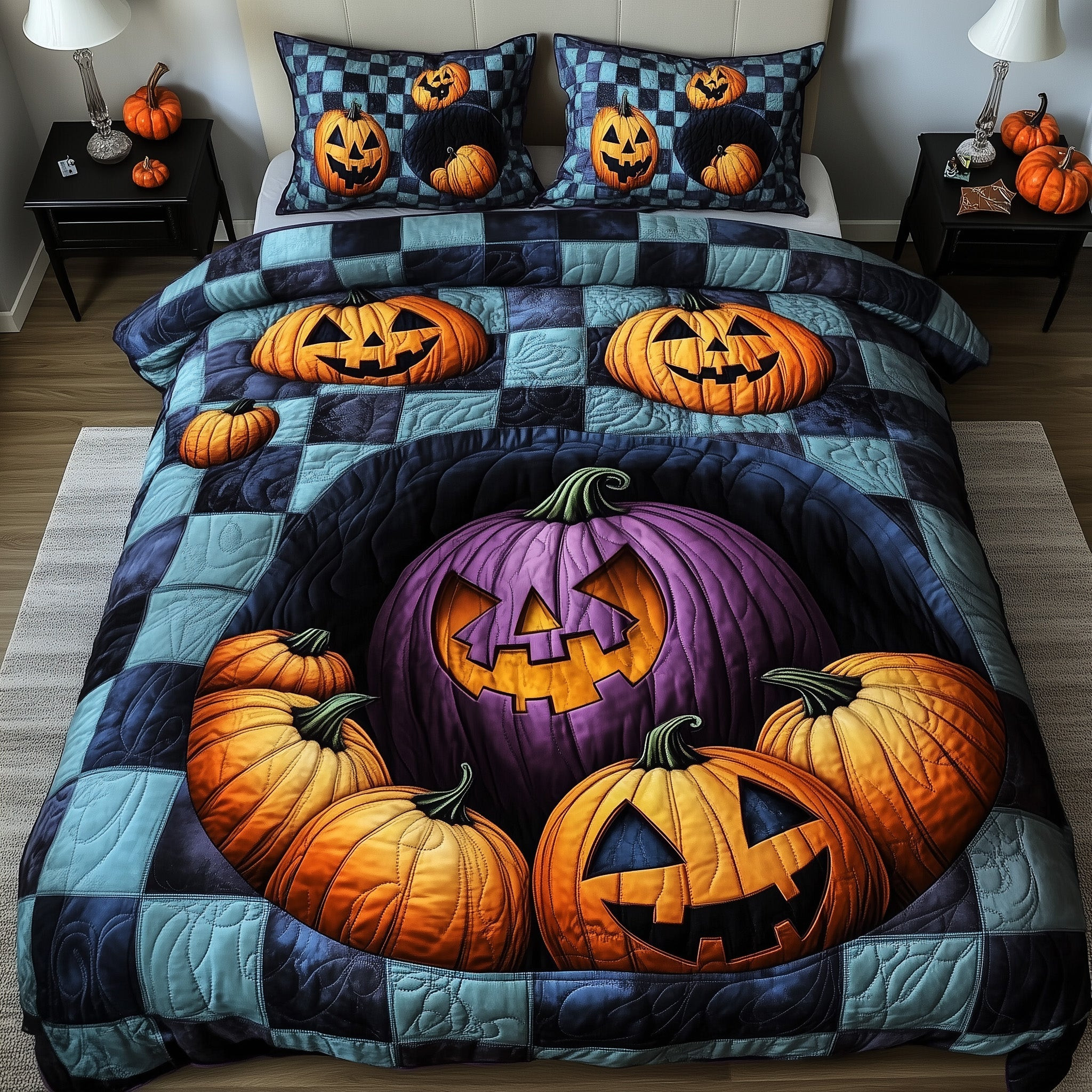 Haunted Halloween Quilted Bedding Set Autumn Pumpkin Halloween Bedroom Gift Ideas