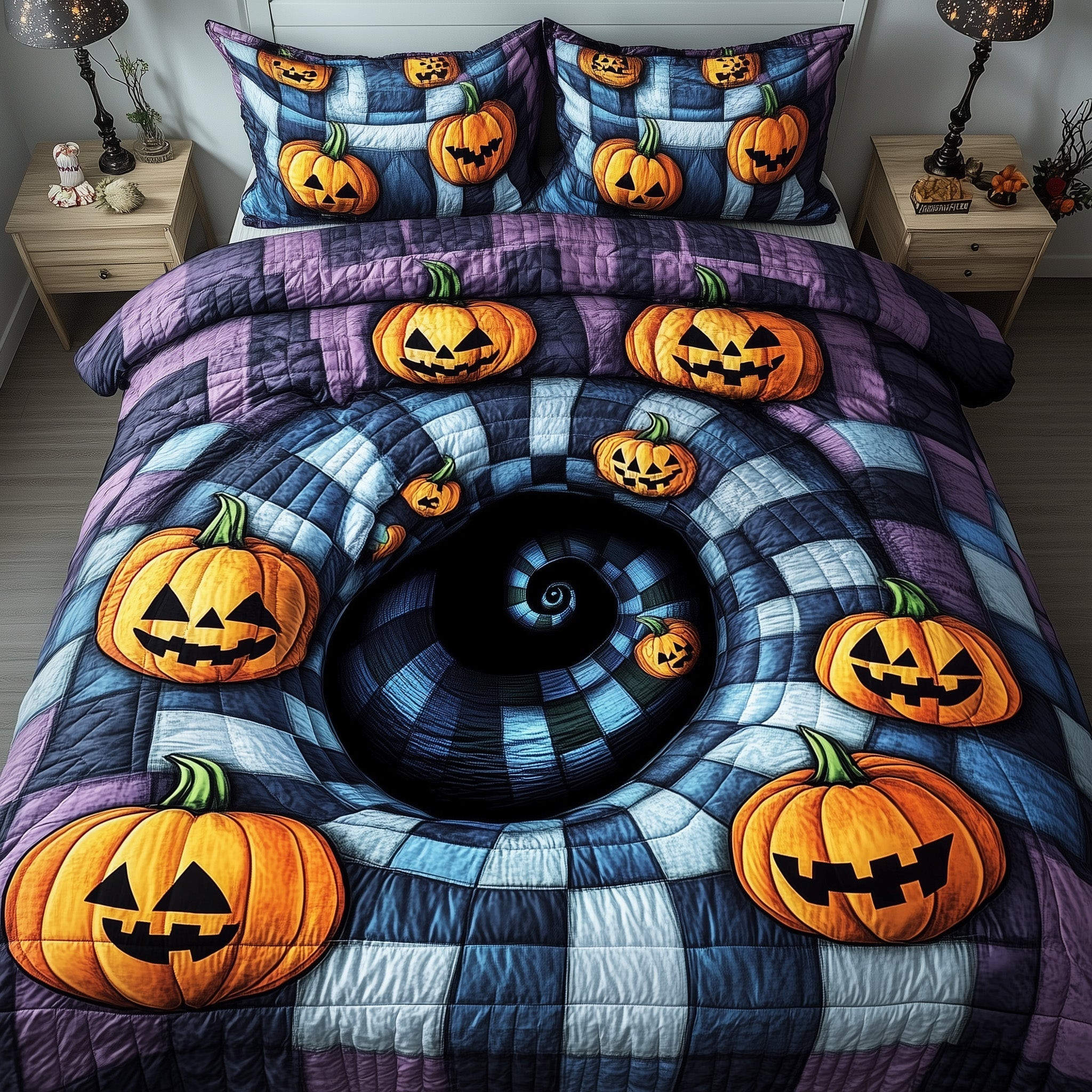 Haunted Halloween Quilted Bedding Set Spooky Pumpkin Season Pumpkin Bedroom Gift Ideas
