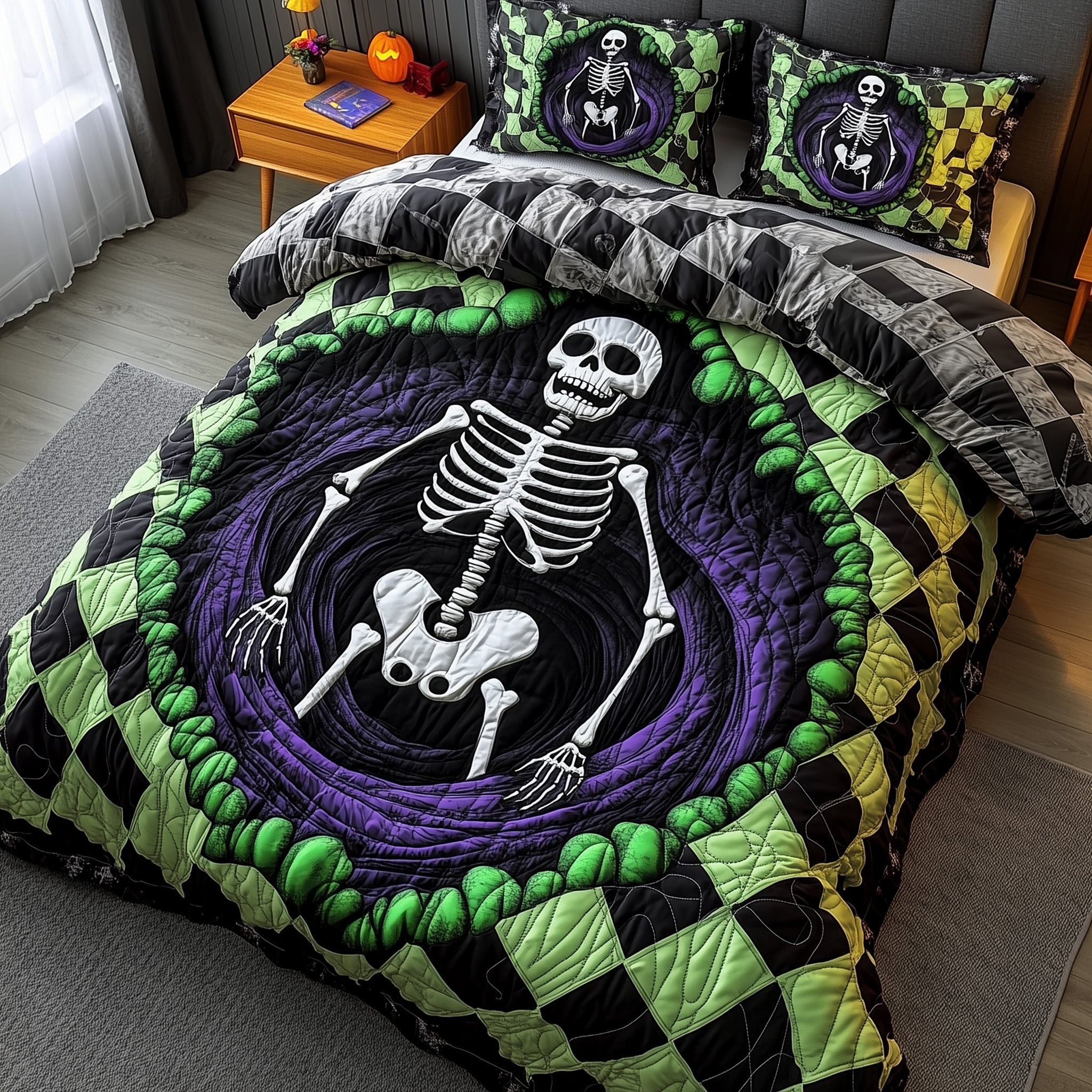 Haunted Halloween Quilted Bedding Set Spooky Skeleton Best Halloween Vibes Bedding Gifts
