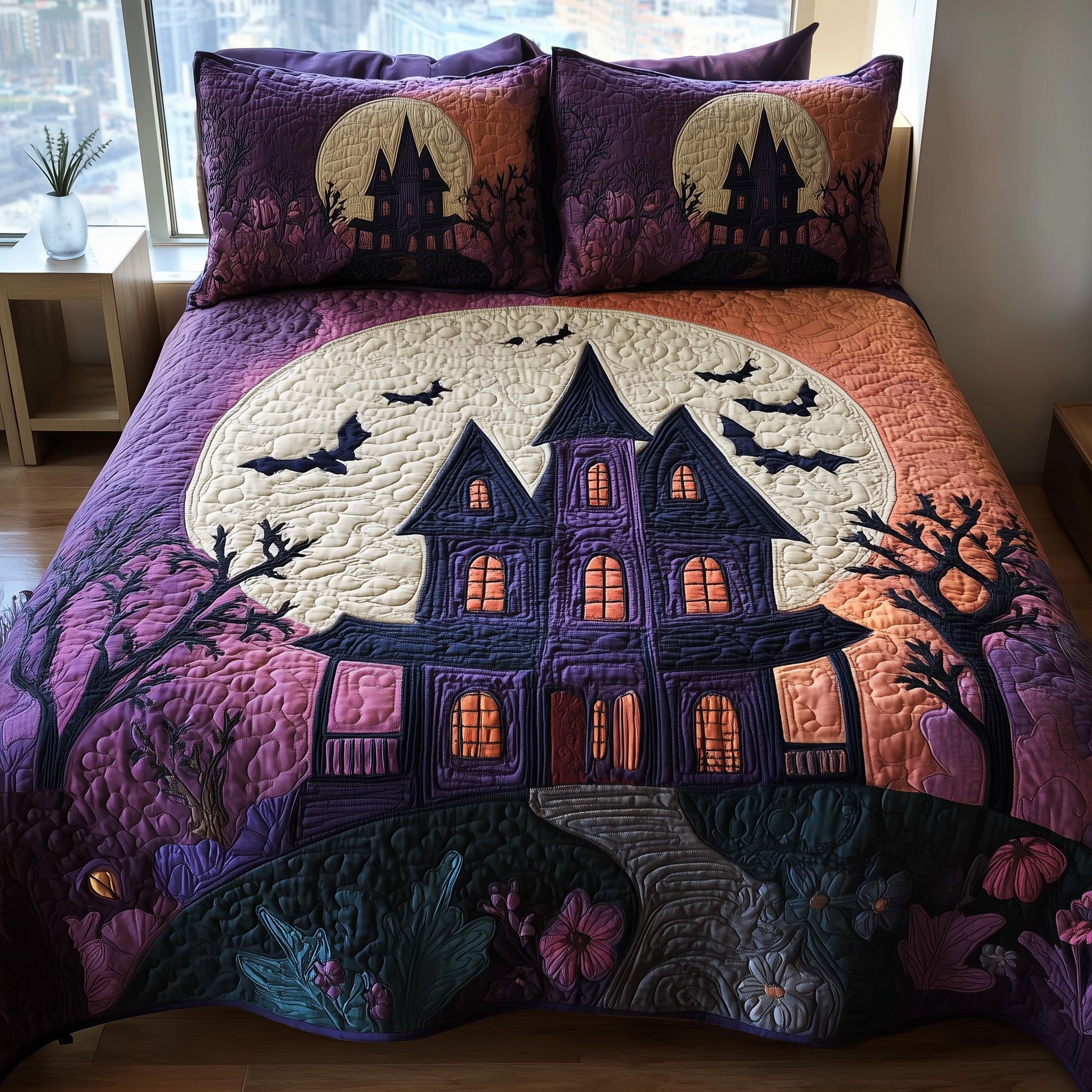 Haunted House Quilted Bedding Set Geometrical Pattern