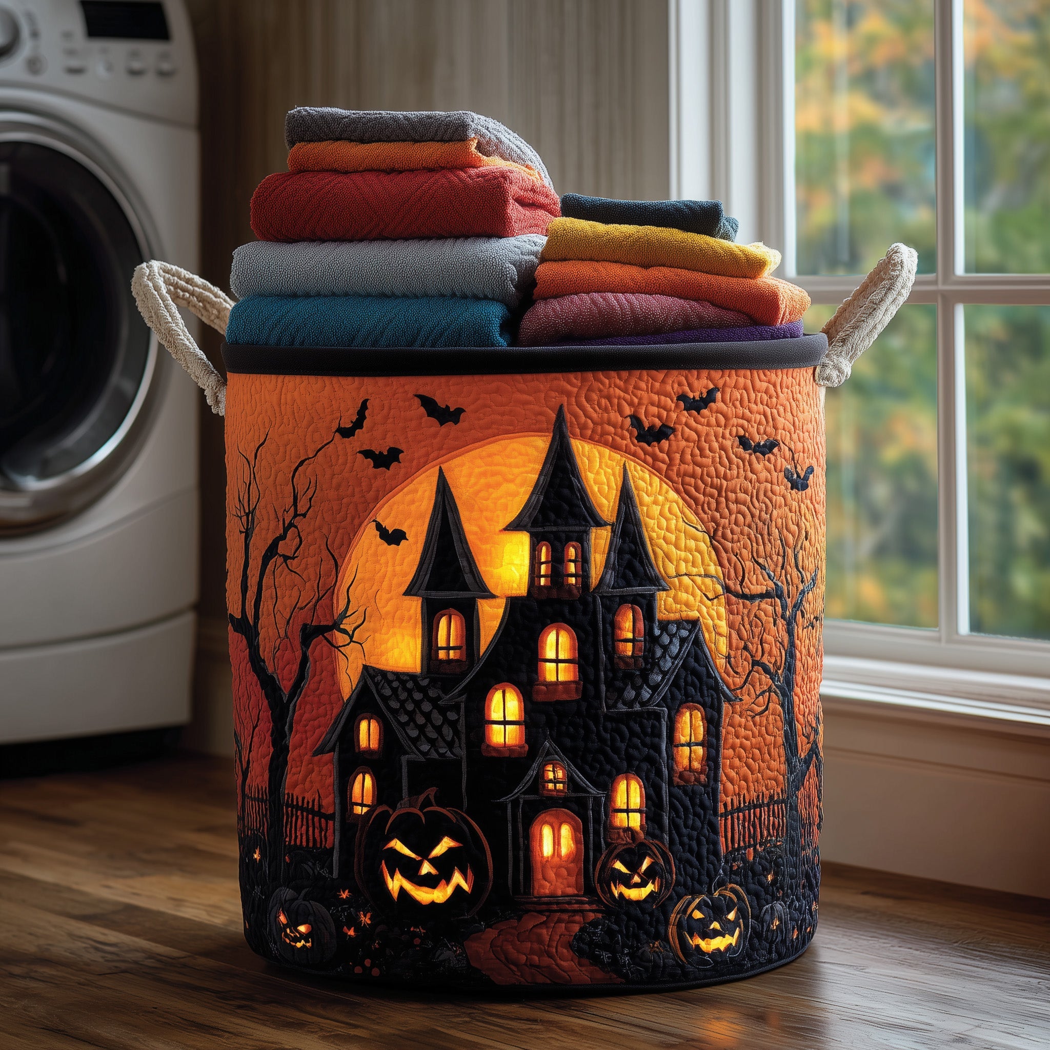 Haunted House Quilted Laundry Basket Halloween Hanuted House Gift For Enthusiasts