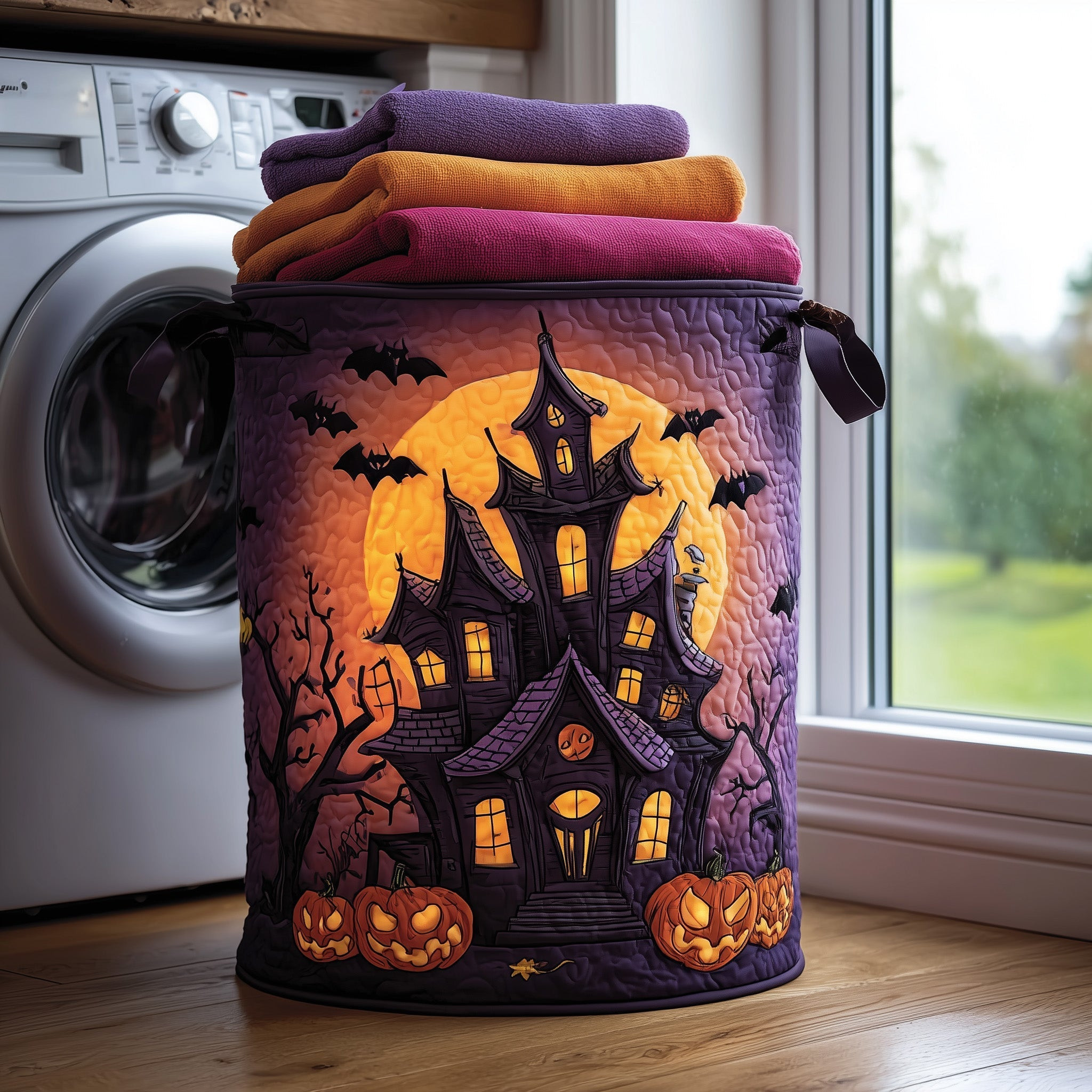Haunted House Quilted Laundry Basket Laundry Room Decor Halloween Themed Presents