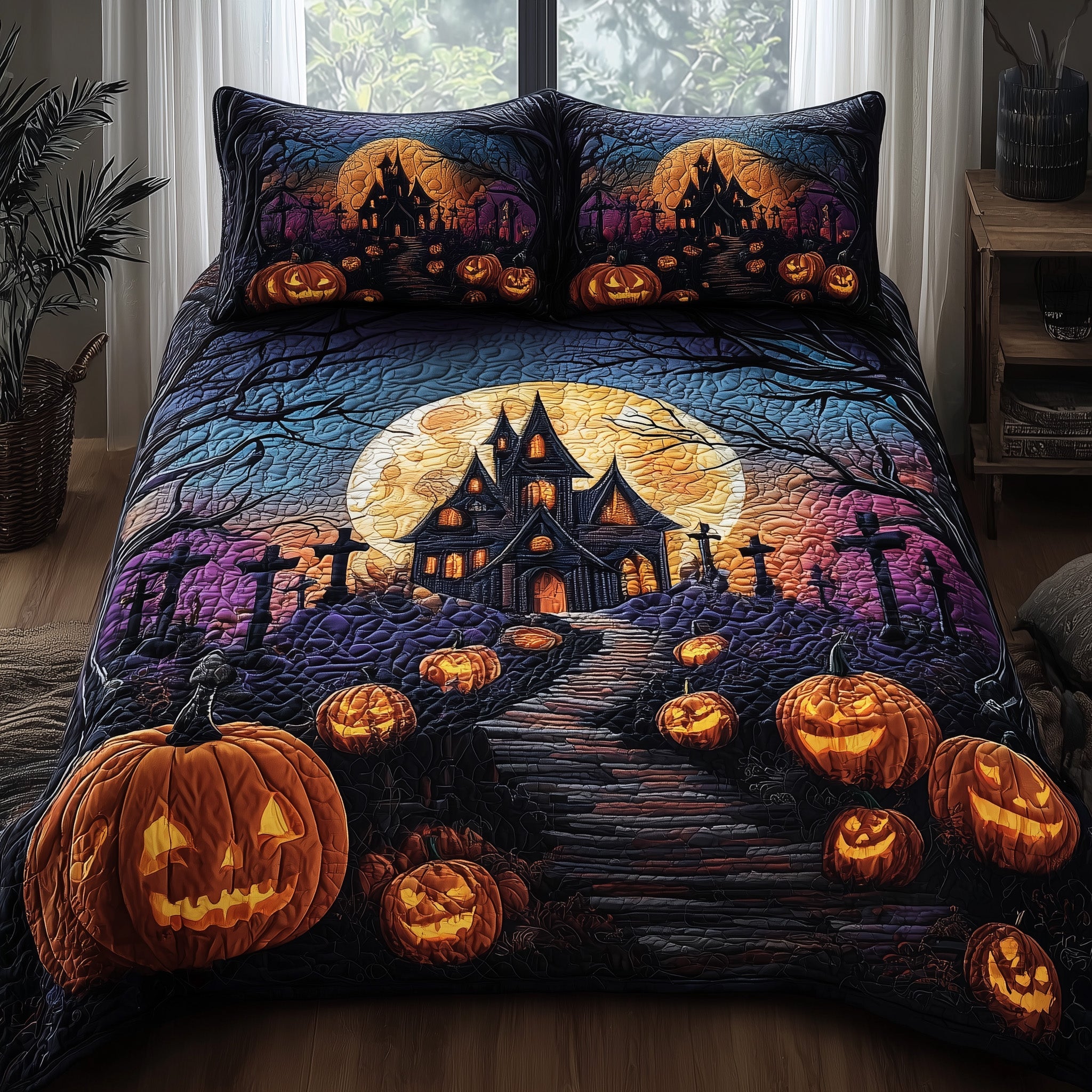Haunted Manor Quilted Bedding Set Geometrical Pattern