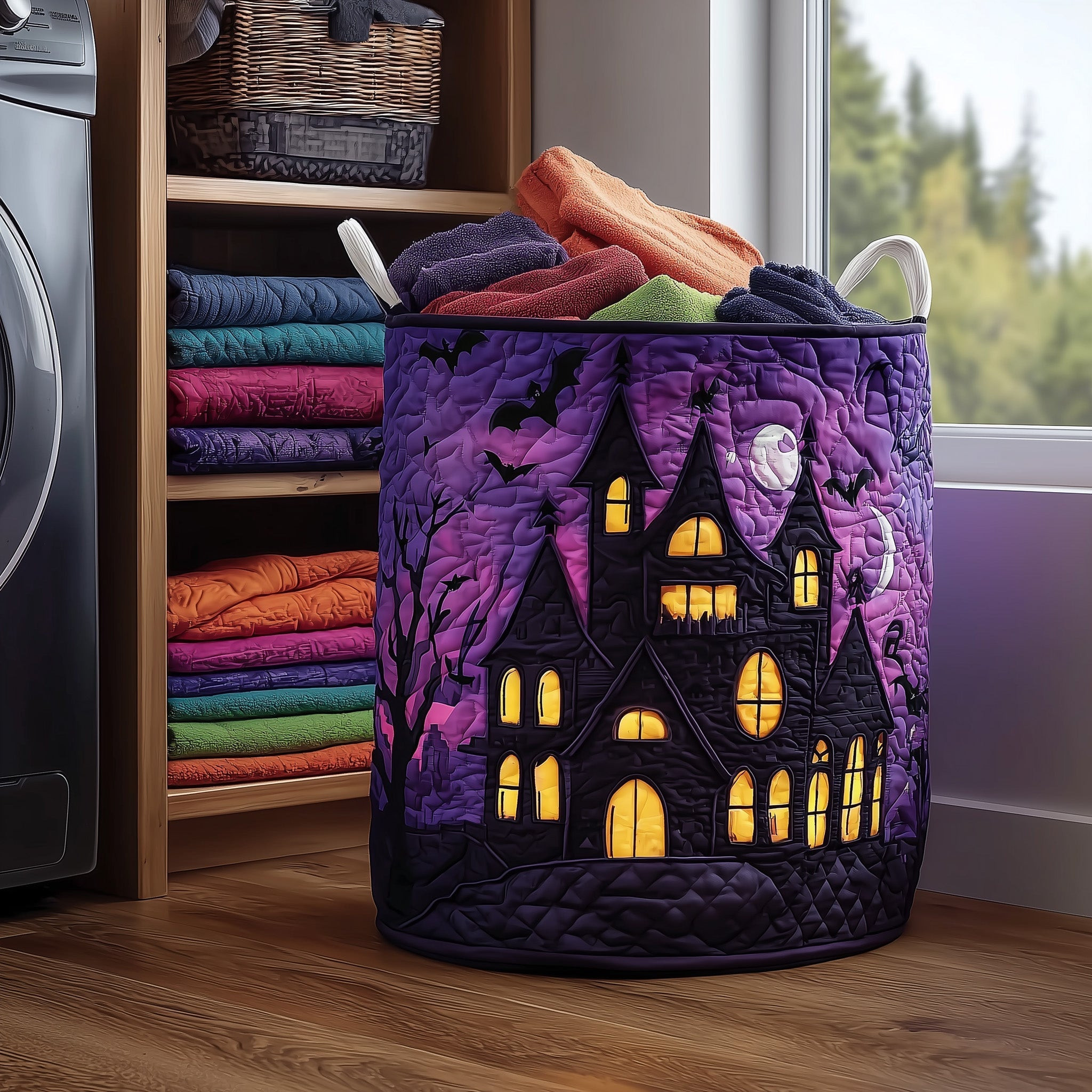 Haunted Manor Quilted Laundry Basket Halloween Home Decor Holiday Gift Ideas